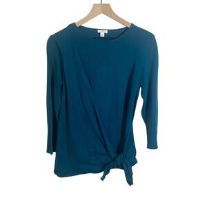 J. Jill Teal Front Knot Knit Long Sleeve Lightweight Sweater Faux Wrap Sz S